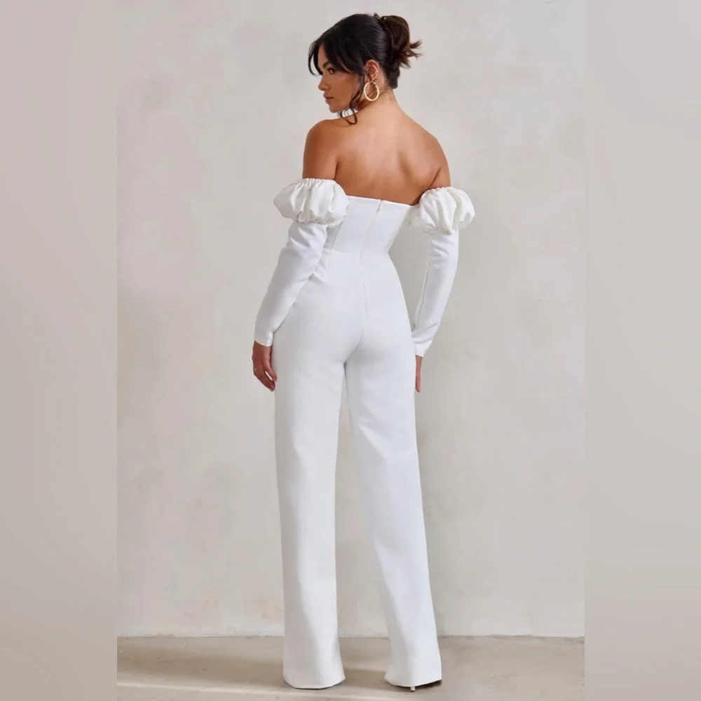 NWT Club L London off shoulder puff sleeve white ruched front jumpsuit - Picture 4 of 7